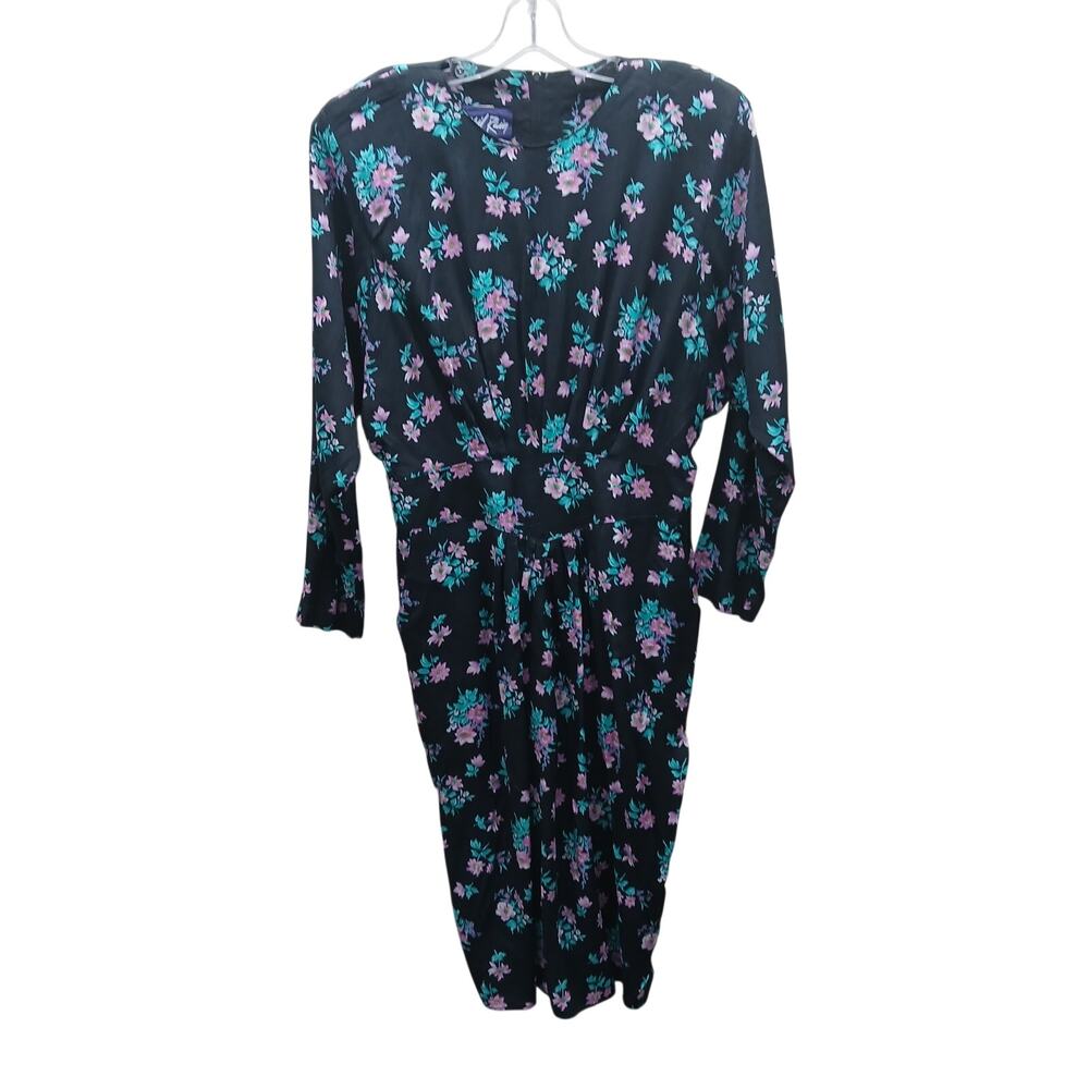 Vintage April Rain Floral Print Cinched Waist Midi Dress Multicolor Black SZ 14